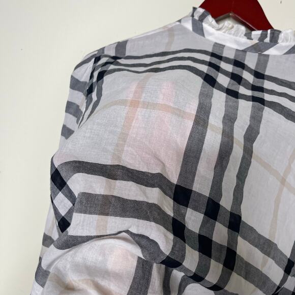 Burberry White Black Plaid Print Three-Quarter Sleeve Button-Up Top sz 12 - Picture 6 of 9